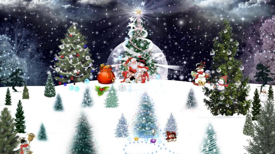 Рождественская елка с Дедом Морозом и снеговиком 