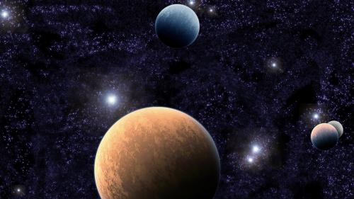 Красивая впрекция планет на фоне ярких галактик