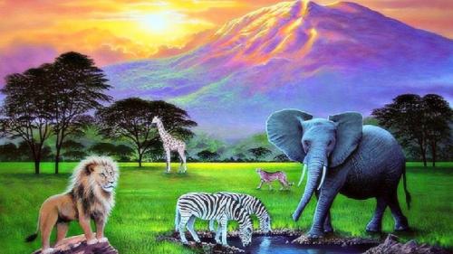 Обои нарисованные савана лев, жираф, слон, зебры, гепард
