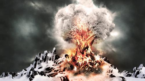 Огненное дерево на снежной горе абстрактные фоны HD