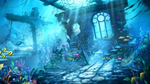Подводный мир, фэнтези природа, рыбки, море, затонувший город, картинки