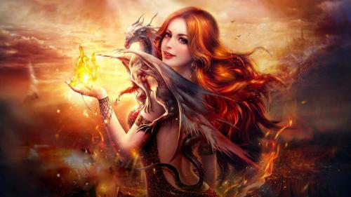Скачать Дракон огня Fantasy Girl HD Широкоформатный обои