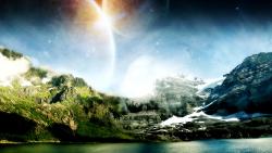 Фэнтези, природа, планеты, 3d, озеро, солнце, горы, снег