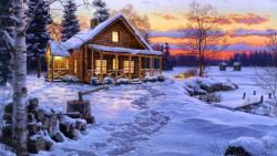 HD обои Рисунок зимы и лесного домика